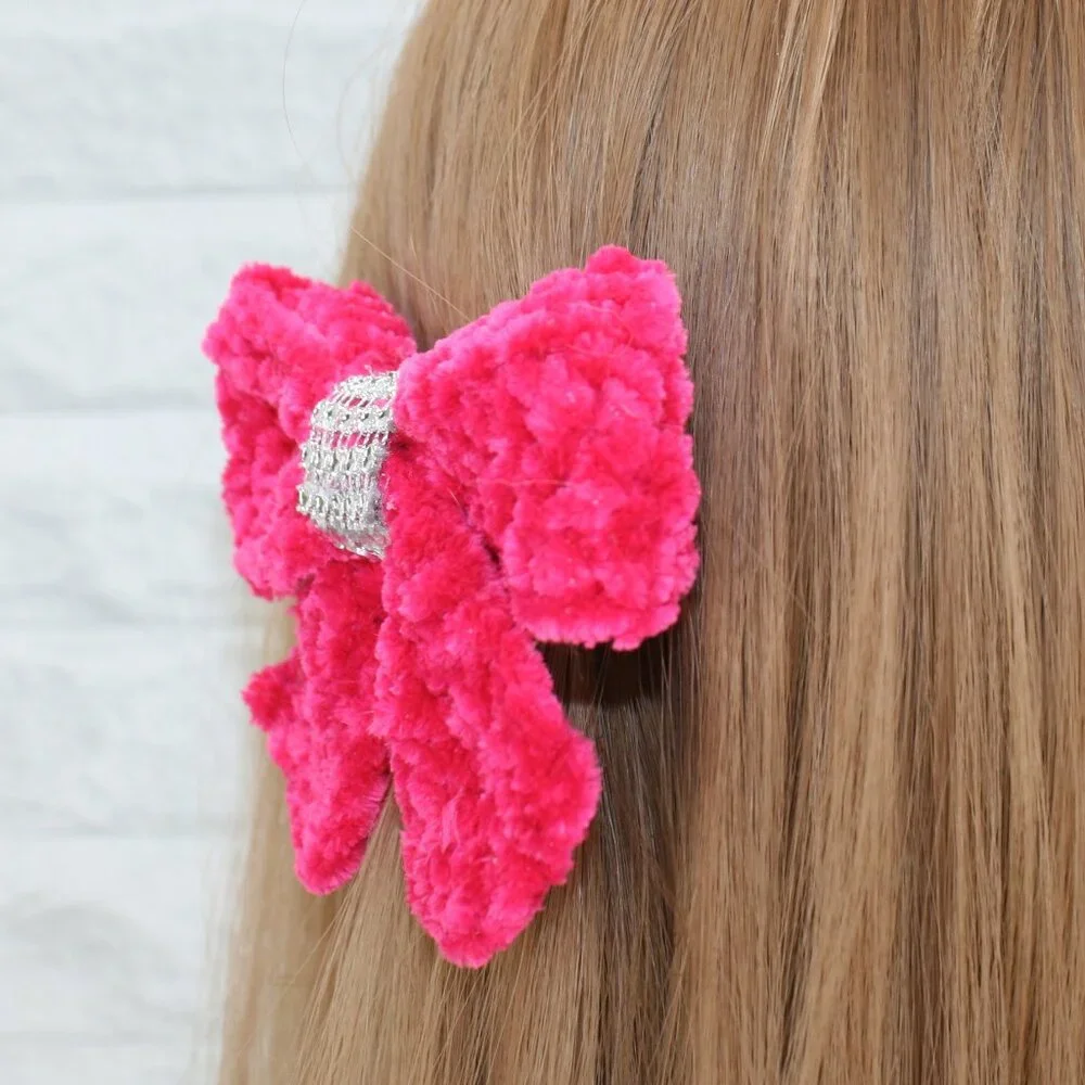 HAND CRAFTED Hair Bow Kids Crochet Chenille Velvet Hair Barrette Oversized Pink